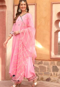 Embroidered Rayon A Line Suit in Pink