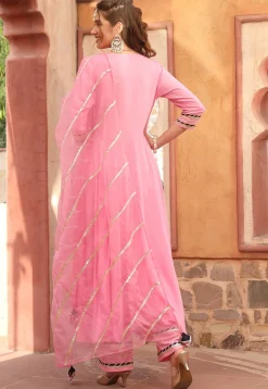 Embroidered Rayon A Line Suit in Pink