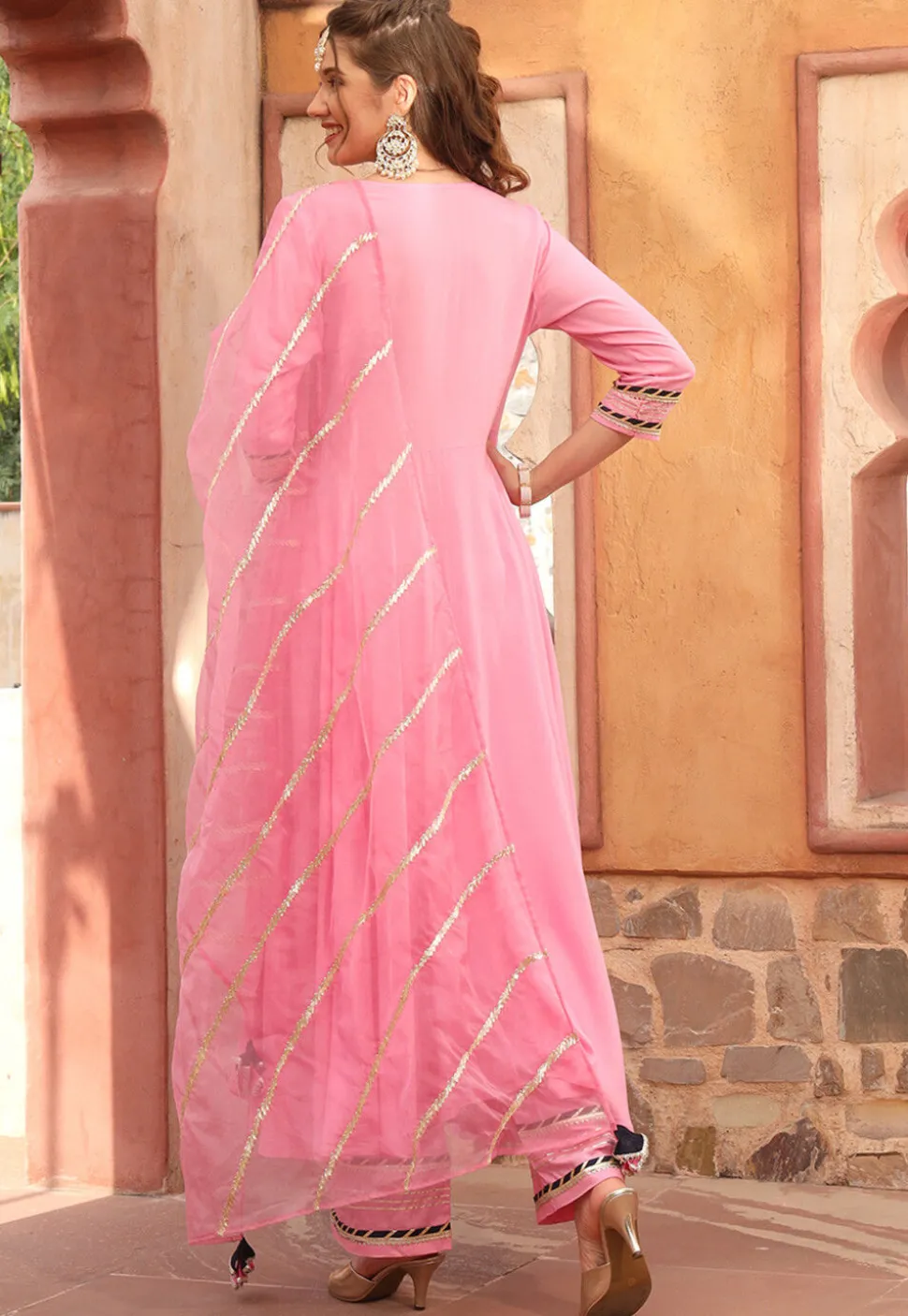 Embroidered Rayon A Line Suit in Pink