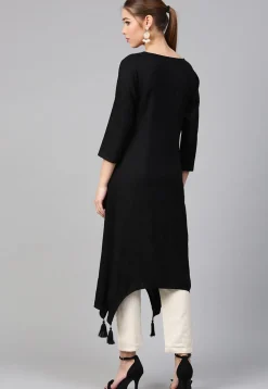 Embroidered Rayon A Line Kurta in Black