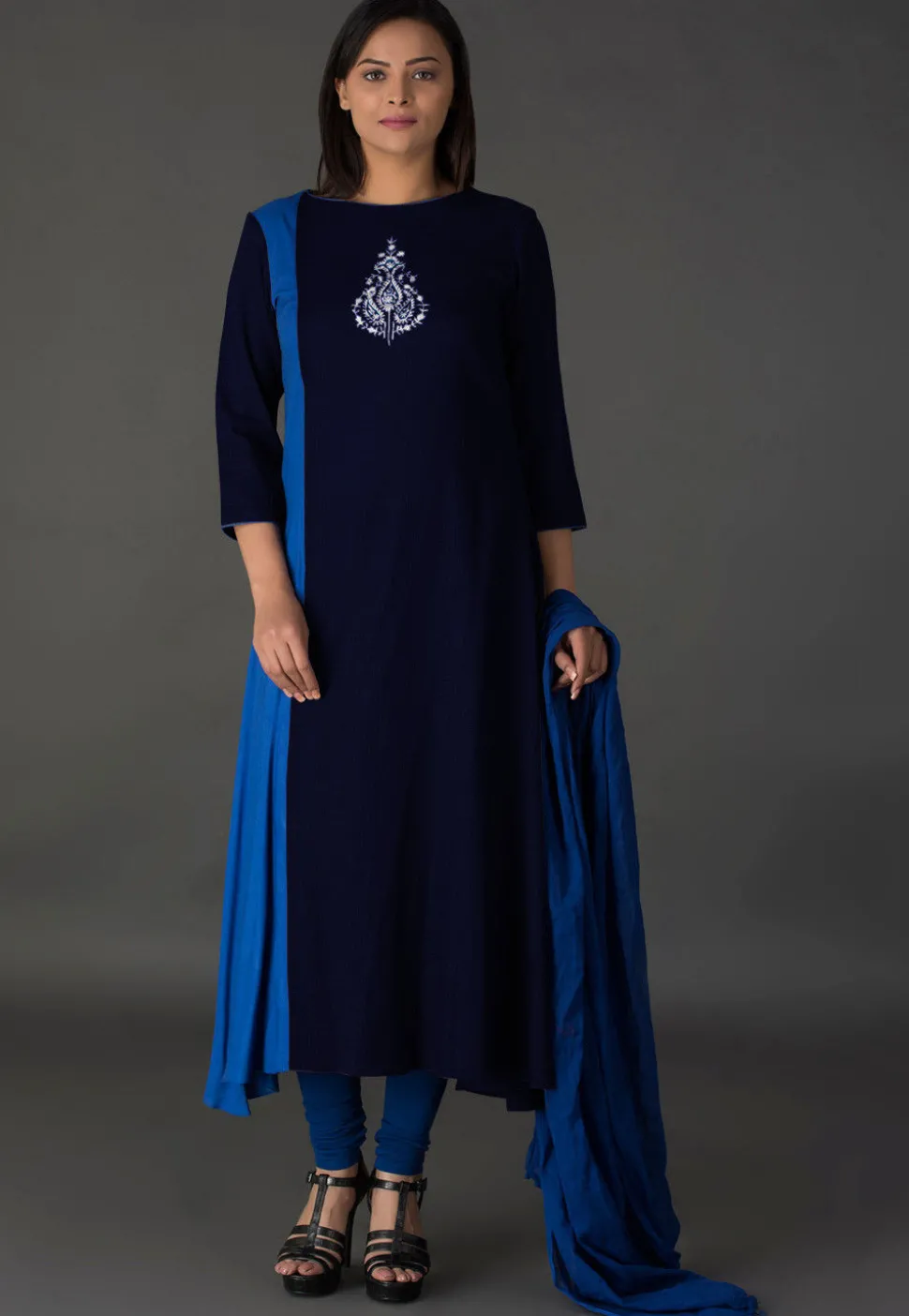 Embroidered Rayon A Line Suit in Blue