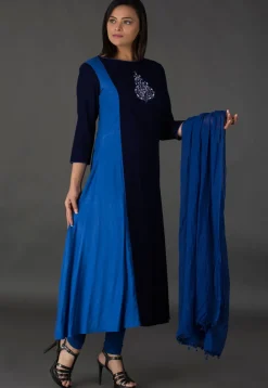 Embroidered Rayon A Line Suit in Blue
