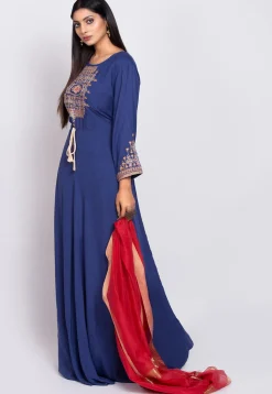 Embroidered Rayon Abaya Style Suit in Dark Blue