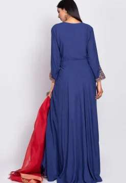 Embroidered Rayon Abaya Style Suit in Dark Blue