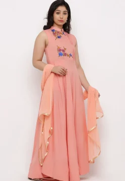 Embroidered Rayon Abaya Style Suit in Old Rose