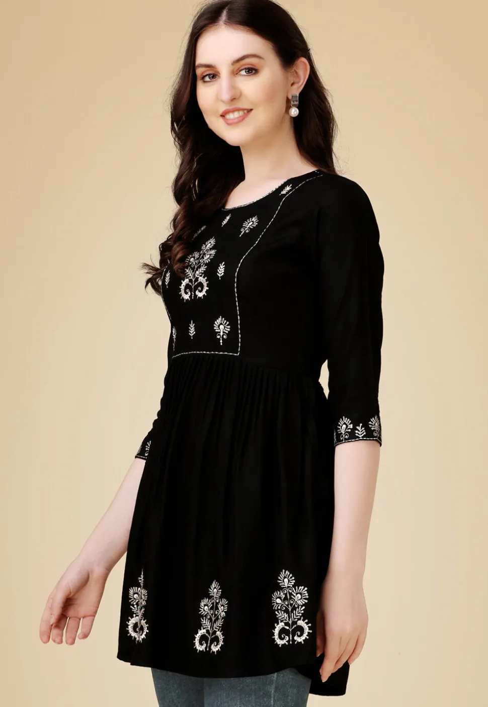 Embroidered Rayon Aline Kurti in Black