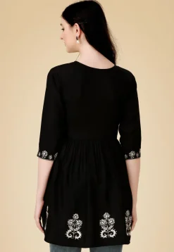 Embroidered Rayon Aline Kurti in Black
