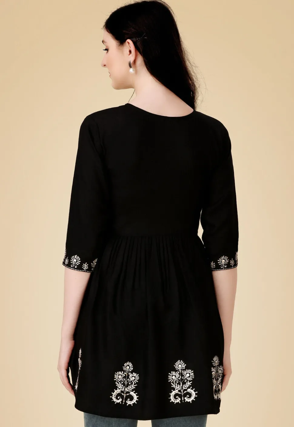 Embroidered Rayon Aline Kurti in Black