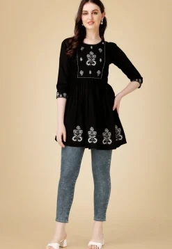 Embroidered Rayon Aline Kurti in Black