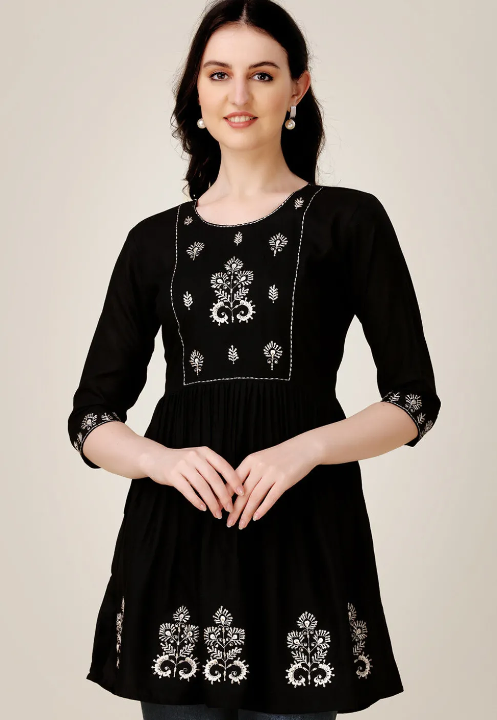 Embroidered Rayon Aline Kurti in Black