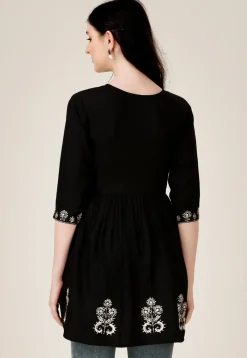 Embroidered Rayon Aline Kurti in Black
