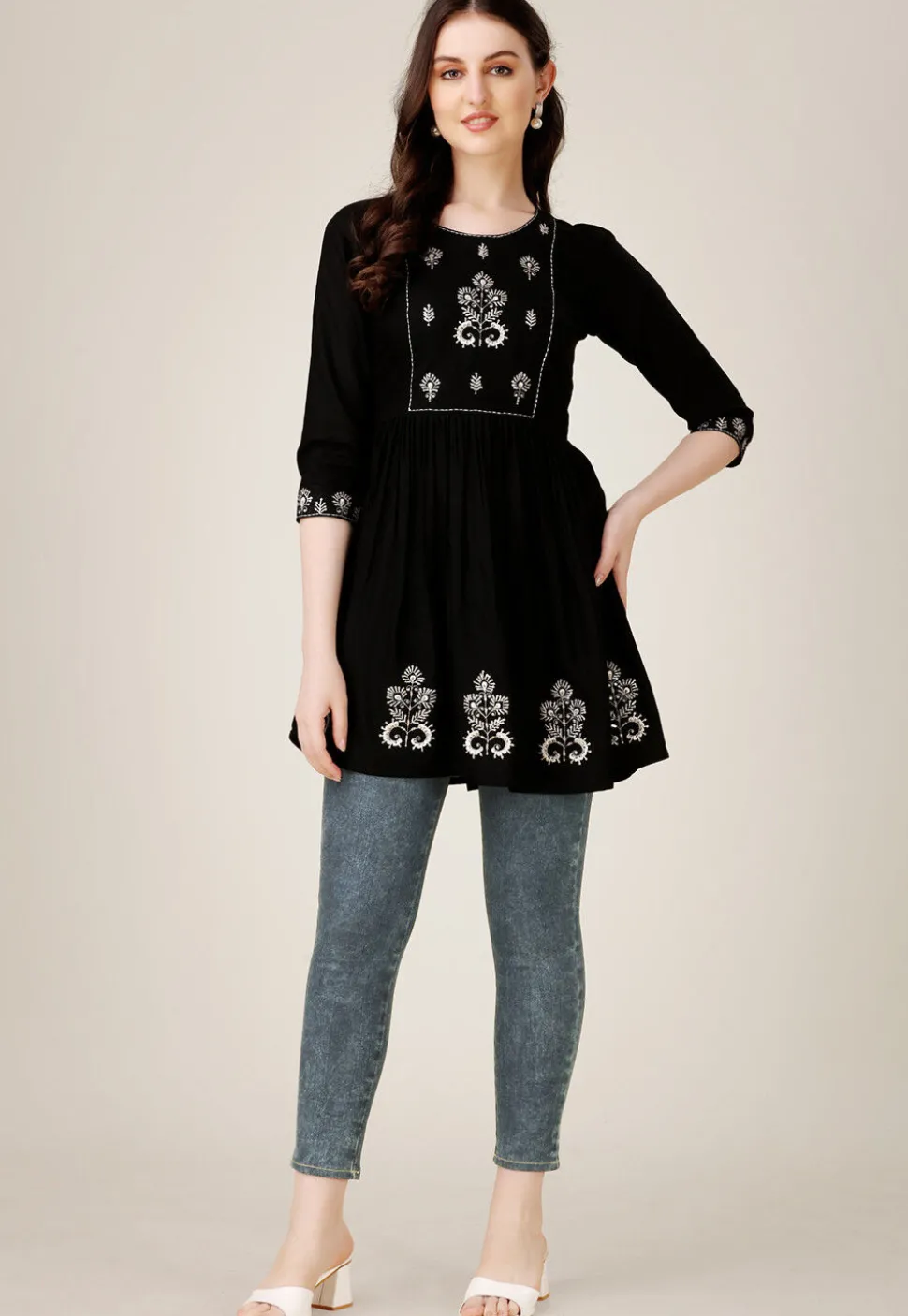 Embroidered Rayon Aline Kurti in Black