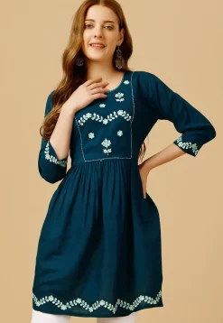 Embroidered Rayon Aline Kurti in Teal Blue