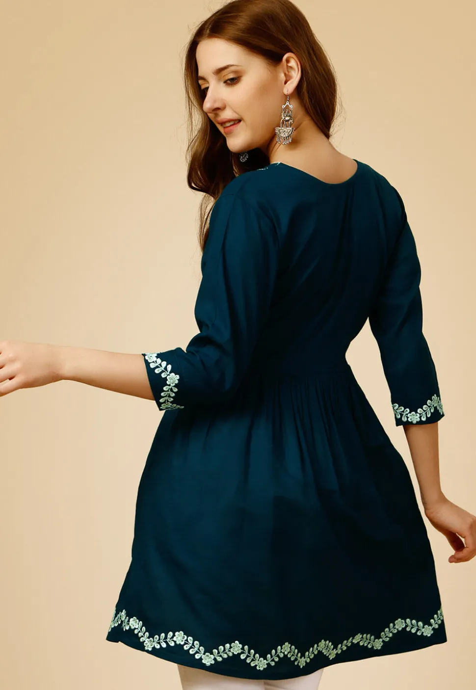 Embroidered Rayon Aline Kurti in Teal Blue