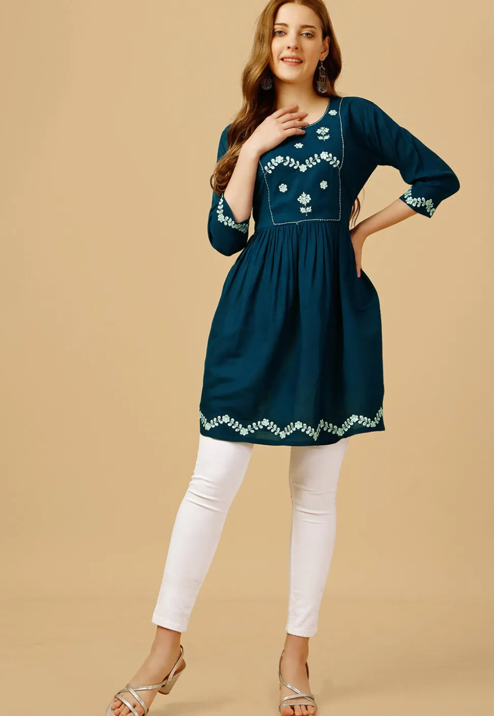 Embroidered Rayon Aline Kurti in Teal Blue