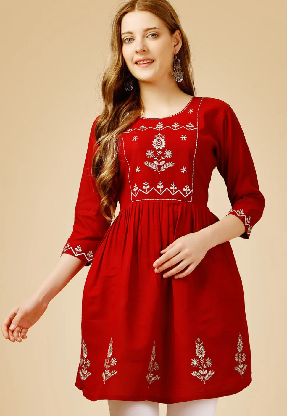 Embroidered Rayon Aline Kurti in Red