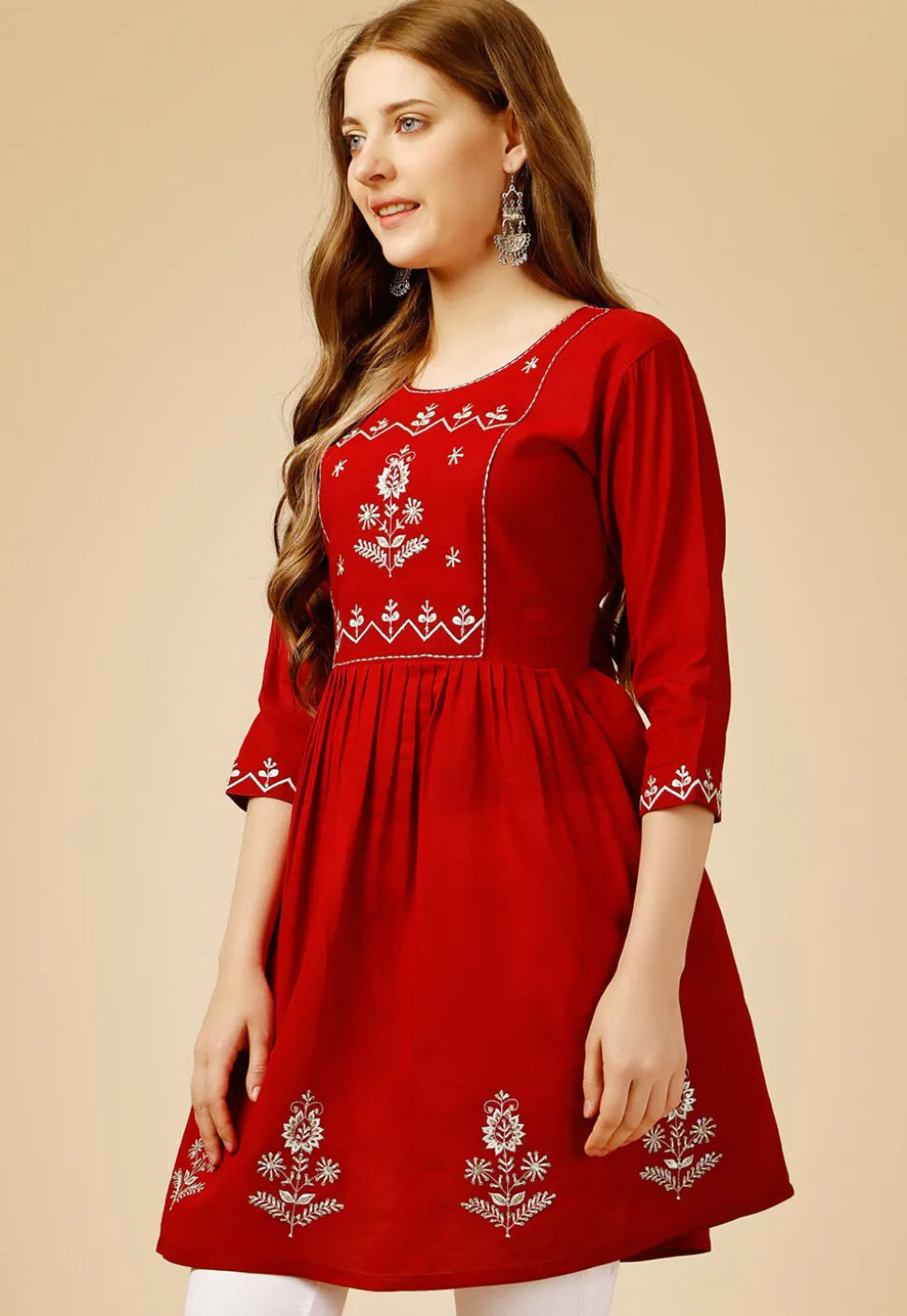 Embroidered Rayon Aline Kurti in Red