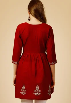 Embroidered Rayon Aline Kurti in Red