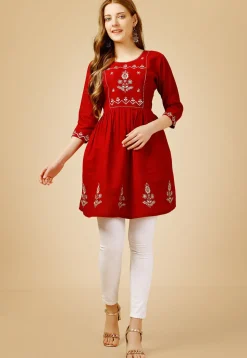 Embroidered Rayon Aline Kurti in Red