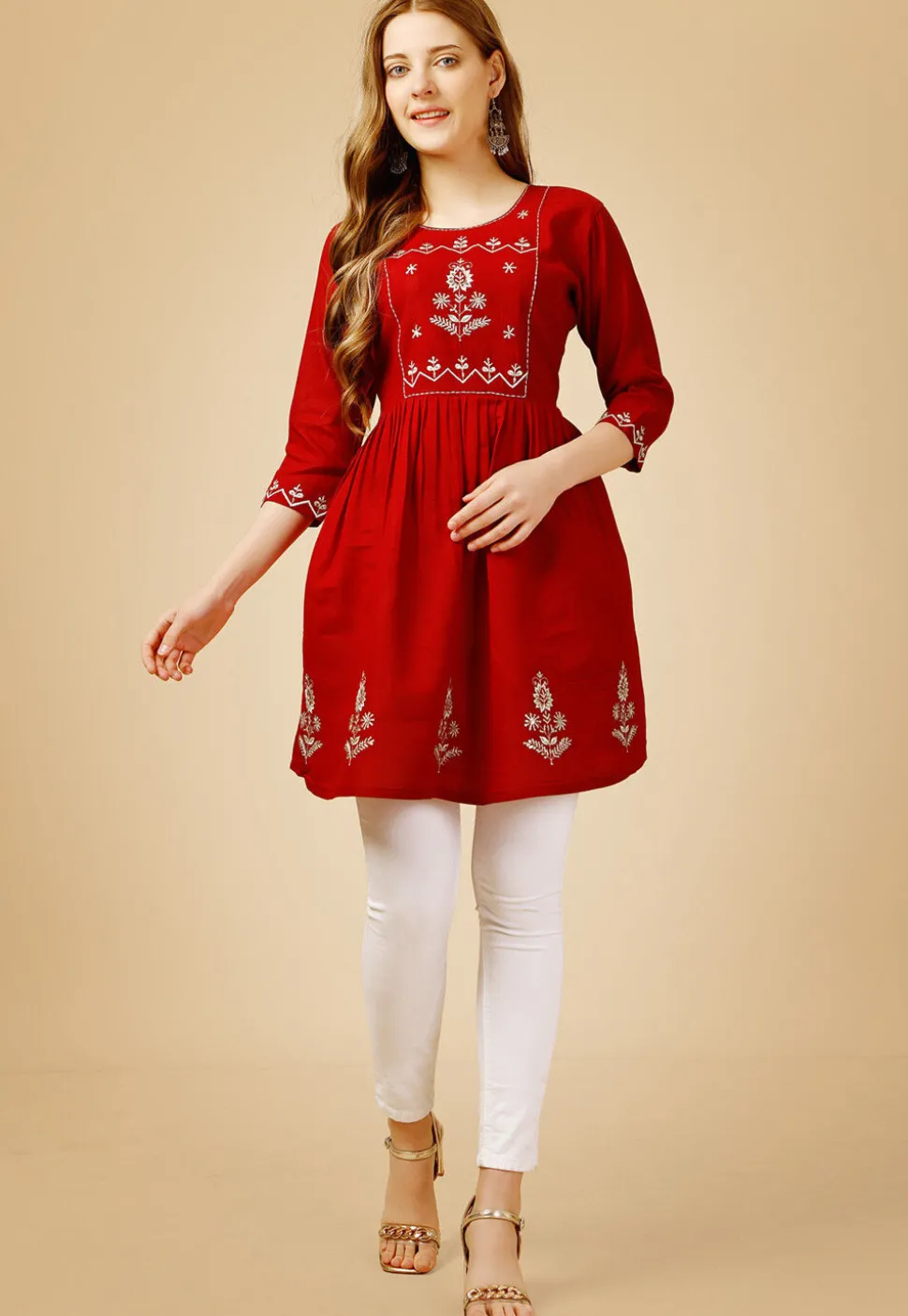 Embroidered Rayon Aline Kurti in Red