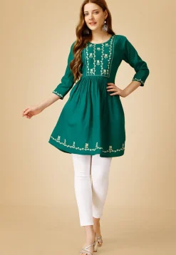 Embroidered Rayon Aline Kurti in Teal Green