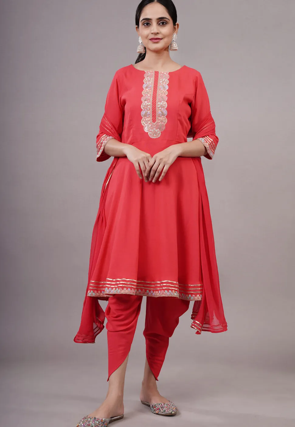 Embroidered Rayon Aline Suit in Coral Red