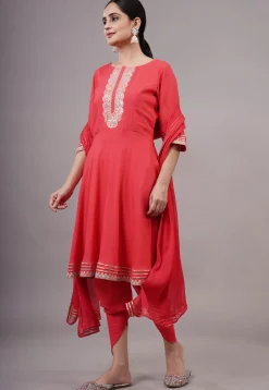 Embroidered Rayon Aline Suit in Coral Red