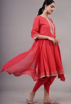 Embroidered Rayon Aline Suit in Coral Red