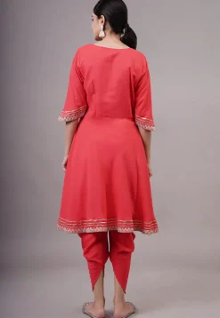 Embroidered Rayon Aline Suit in Coral Red