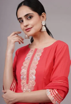 Embroidered Rayon Aline Suit in Coral Red
