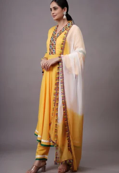 Embroidered Rayon Aline Suit in Yellow