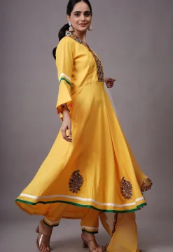 Embroidered Rayon Aline Suit in Yellow