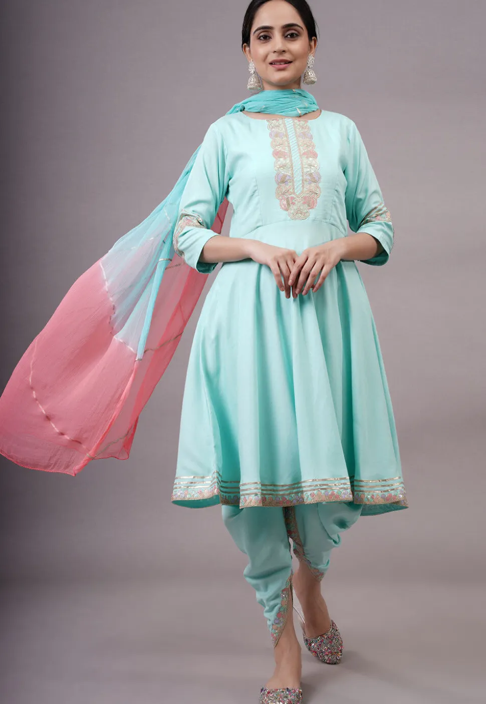 Embroidered Rayon Aline Suit in Sky Blue