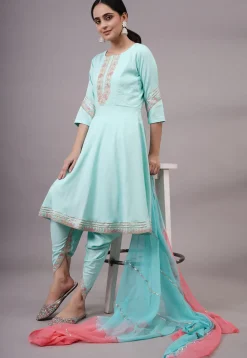 Embroidered Rayon Aline Suit in Sky Blue