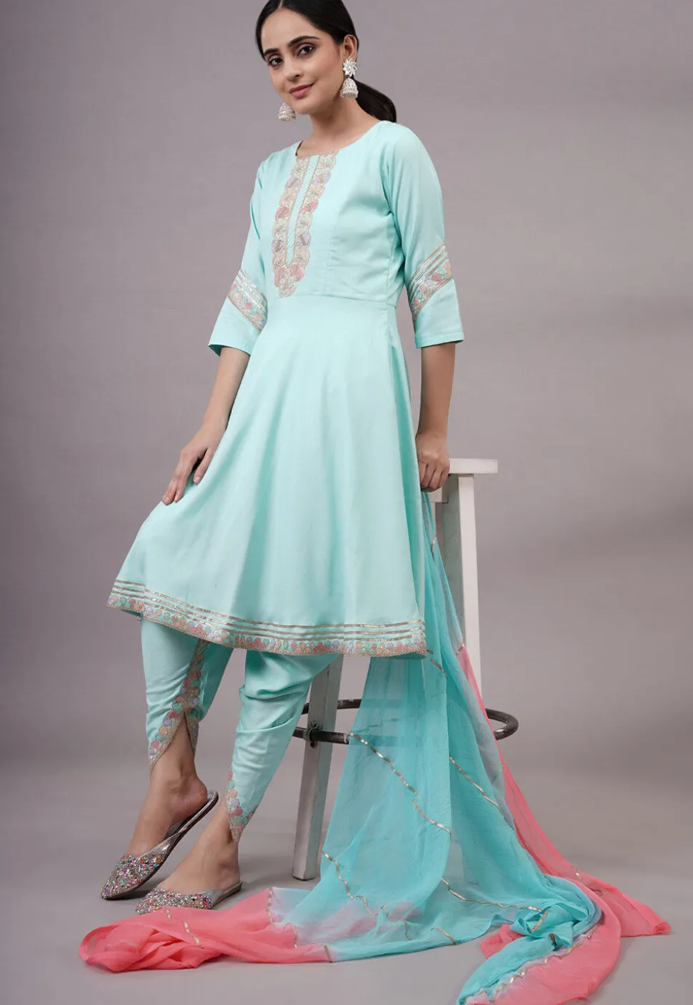 Embroidered Rayon Aline Suit in Sky Blue