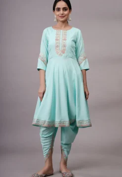 Embroidered Rayon Aline Suit in Sky Blue