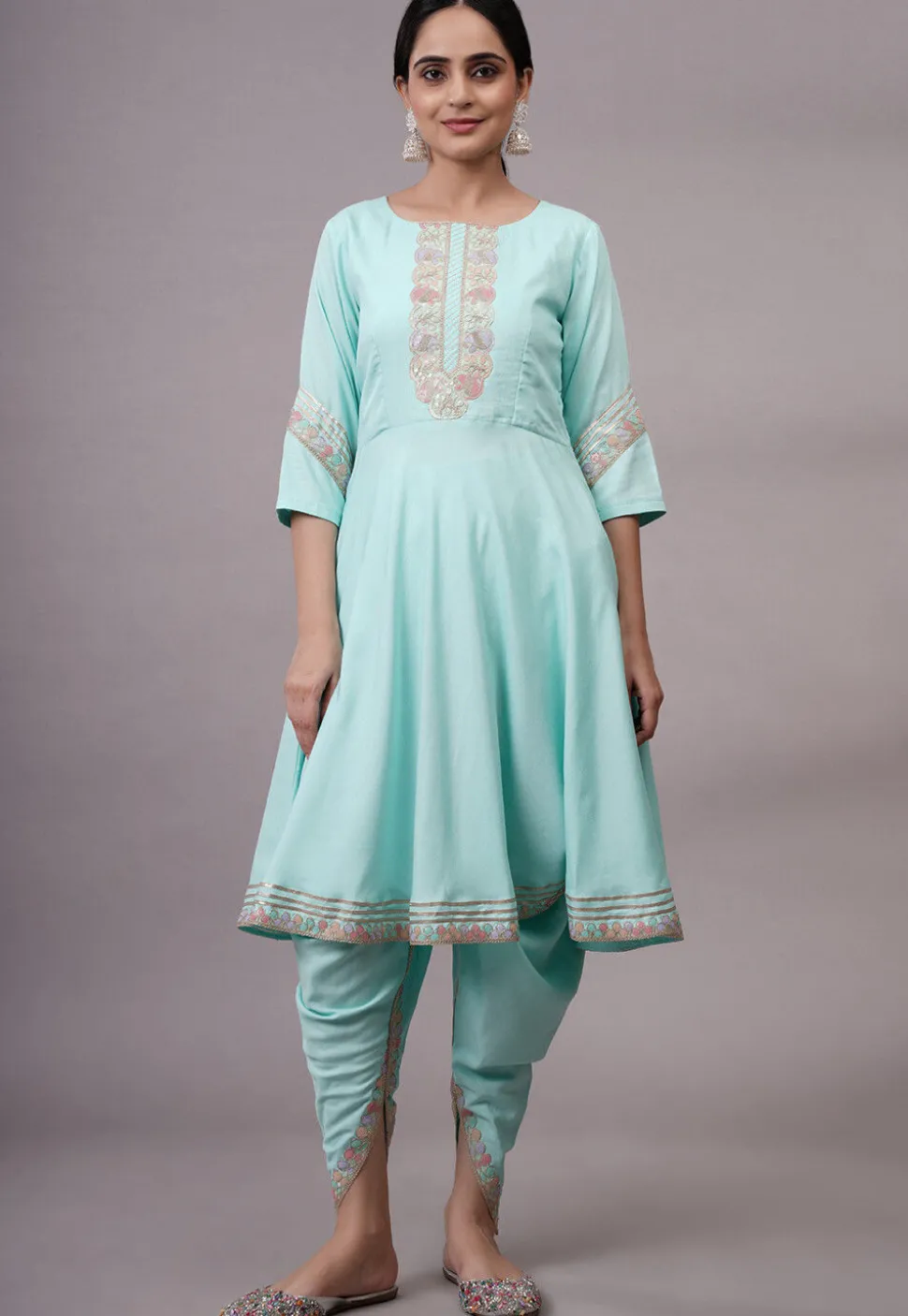 Embroidered Rayon Aline Suit in Sky Blue