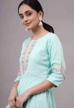 Embroidered Rayon Aline Suit in Sky Blue