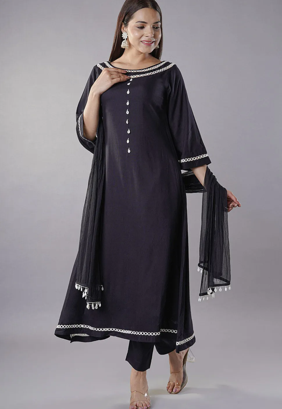 Embroidered Rayon Anarkali Suit in Black