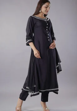 Embroidered Rayon Anarkali Suit in Black