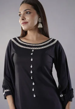 Embroidered Rayon Anarkali Suit in Black
