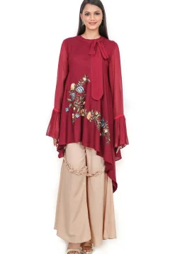 Embroidered Rayon Asymmetric Kurta in Wine