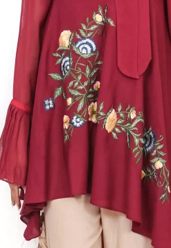 Embroidered Rayon Asymmetric Kurta in Wine