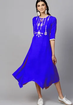 Embroidered Rayon Asymmetric Kurta in Royal Blue