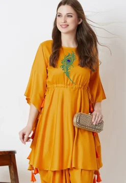 Embroidered Rayon Cinched Waist A Line Kurta in Mustard