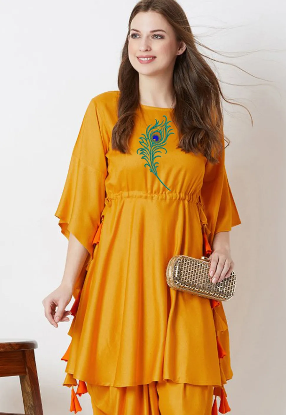 Embroidered Rayon Cinched Waist A Line Kurta in Mustard