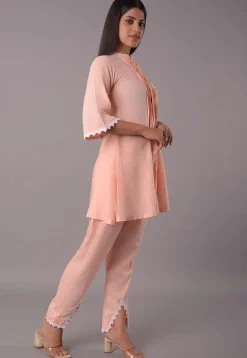 Embroidered Rayon Co Ord Set in Peach