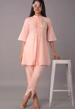 Embroidered Rayon Co Ord Set in Peach