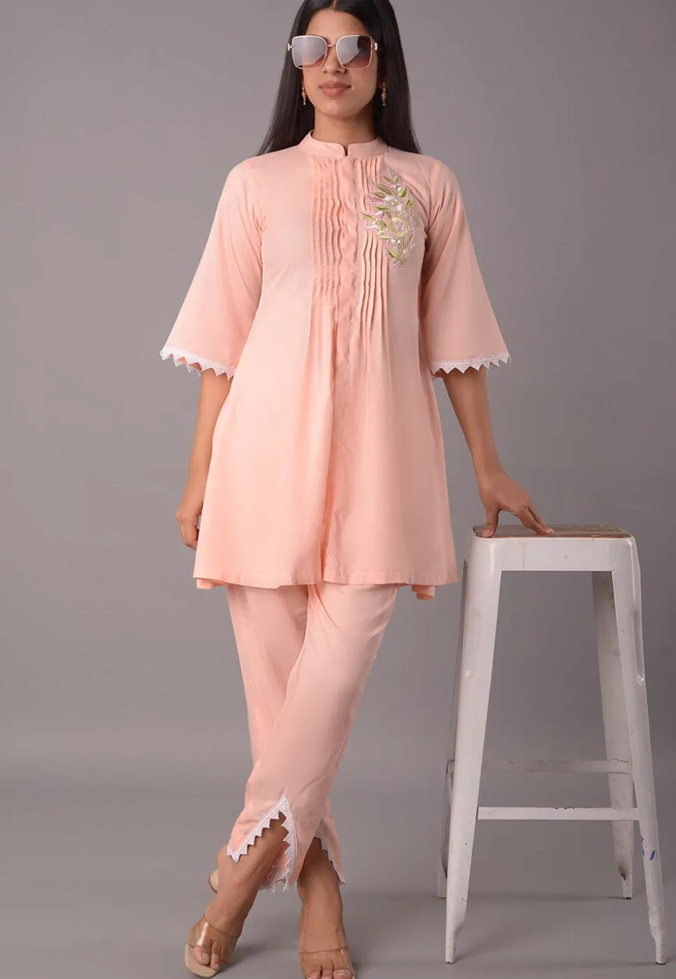 Embroidered Rayon Co Ord Set in Peach