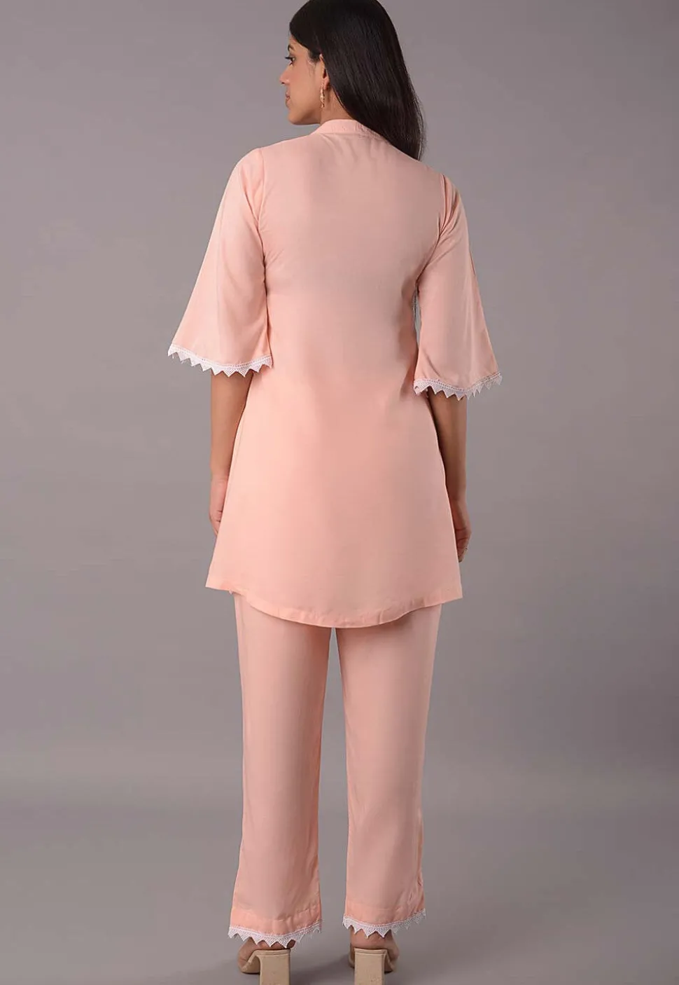 Embroidered Rayon Co Ord Set in Peach